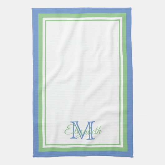 Preppy Cornflower Blue und Sage Green Monogram Geschirrtuch (Vertikal)
