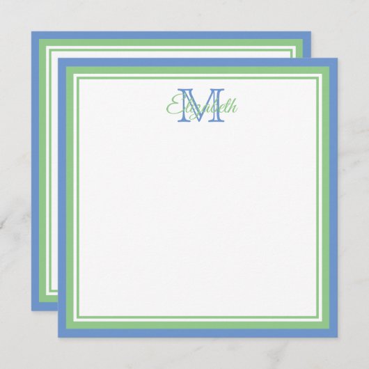 Preppy Cornflower Blue und Sage Green Monogram Mitteilungskarte (Vorne/Hinten)