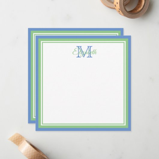 Preppy Cornflower Blue und Sage Green Monogram Mitteilungskarte (Vorderseite/Rückseite Beispiel)