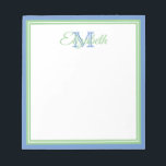 Preppy Cornflower Blue und Sage Green Monogram Notizblock<br><div class="desc">Personalisieren Sie dieses zarte,  weiche schlaue,  grüne,  blaue und weiße Monogramm Notizblock mit Ihrer Wahl des Namens und des Initials.</div>