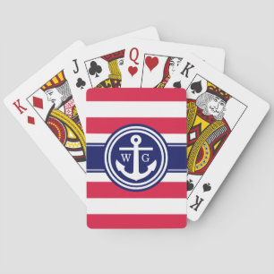 Preppy Crimson Stripe Anchor Monogram auf Navy Blu Spielkarten