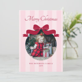 Preppy Cute Bow Striped Photo Christmas Feiertagskarte