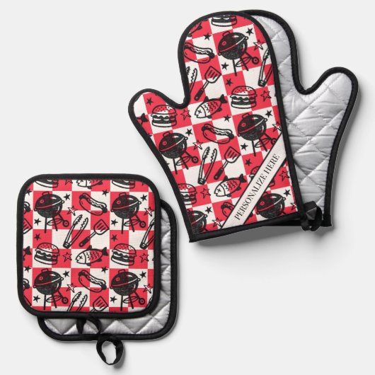 Preppy Dad Grilling Pattern – BBQ Doodles (Check) Ofenhandschuh & Topflappen-Set (Vorderseite/Rückseite)