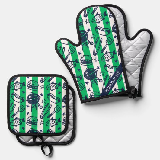 Preppy Dad Grilling Pattern – BBQ Doodles (Stripe) Ofenhandschuh & Topflappen-Set (Vorderseite/Rückseite)