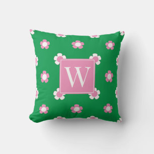Preppy Daisy Field – Pink & Green Monogramm Kissen