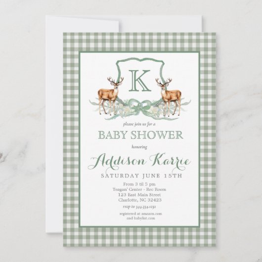 Preppy Deer Gingham Wappen Baby Shower Einladung (Vorderseite)