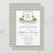 Preppy Deer Gingham Wappen Baby Shower Einladung (Vorne/Hinten)