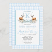 Preppy Deer Gingham Wappen Baby Shower Einladung (Vorne/Hinten)