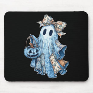 Preppy Denim Floral Fall Ghost Boo Denim Patchwork Mousepad