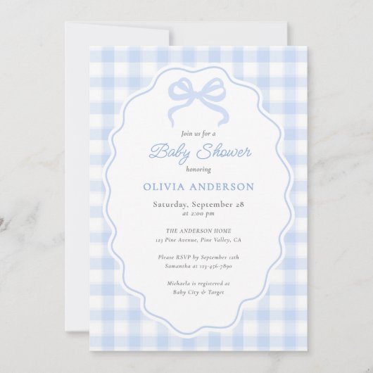 Preppy Doodle Frame Blue Gingham & Bow Baby Shower Einladung (Vorderseite)