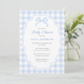 Preppy Doodle Frame Blue Gingham & Bow Baby Shower Einladung (Stehend Vorderseite)