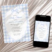 Preppy Doodle Frame Blue Gingham & Bow Baby Shower Einladung