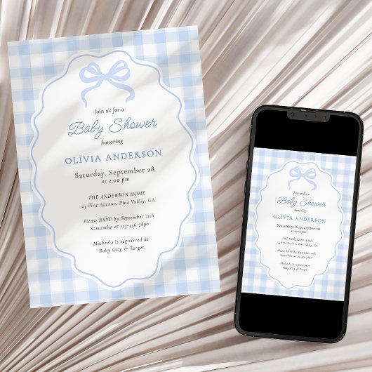 Preppy Doodle Frame Blue Gingham & Bow Baby Shower Einladung