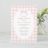 Preppy Doodle Frame Pink Gingham & Bow Baby Shower Einladung (Stehend Vorderseite)