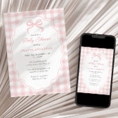 Preppy Doodle Frame Pink Gingham & Bow Baby Shower Einladung