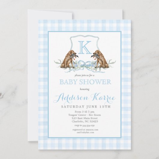 Preppy Duck Gingham Wappen Baby Shower Einladung (Vorderseite)