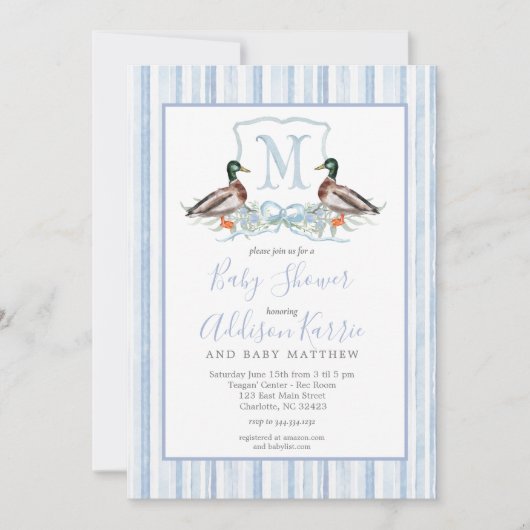 Preppy Duck Gingham Wappen Baby Shower Einladung (Vorderseite)