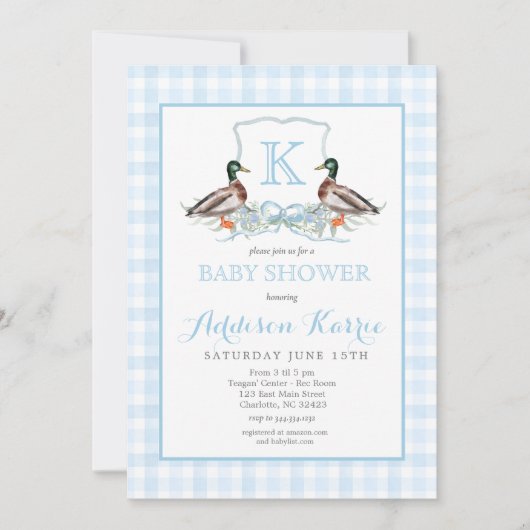 Preppy Duck Gingham Wappen Baby Shower Einladung (Vorderseite)