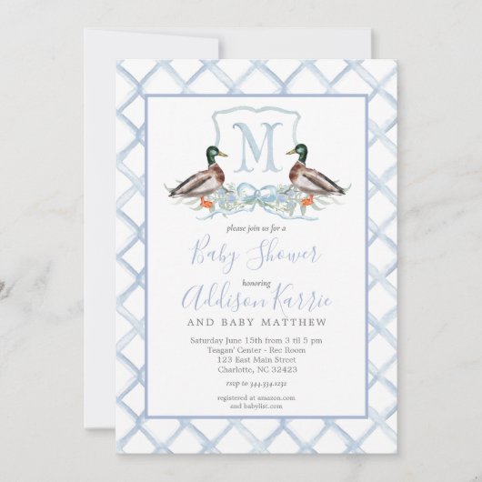 Preppy Duck Gingham Wappen Baby Shower Einladung (Vorderseite)
