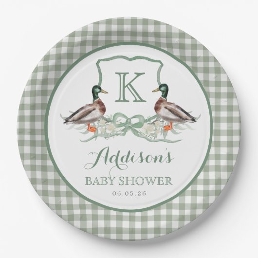 Preppy Duck Gingham Wappen Baby Shower Einladung Pappteller (Vorderseite)