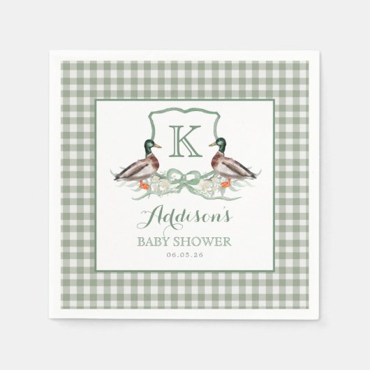 Preppy Duck Gingham Wappen Baby Shower Einladung Serviette (Vorderseite)