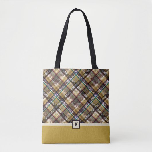 Preppy Earth Tones Kariertes Monogramm Tote Bag Tasche (Vorderseite)