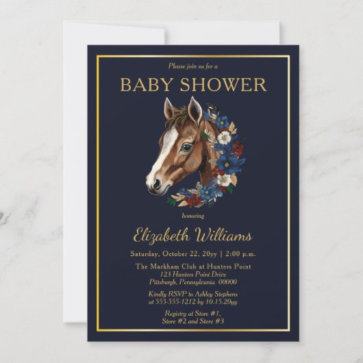 Preppy Equestrier Foal Floral | Karierte Babydusch Einladung (Vorderseite)
