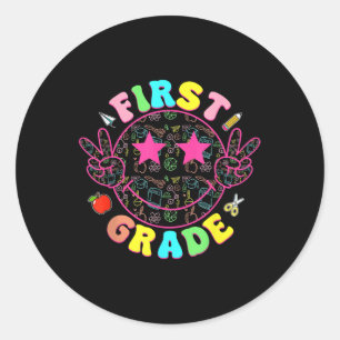 Preppy First Grade Lächeln Gesicht zurück zu Schul Runder Aufkleber