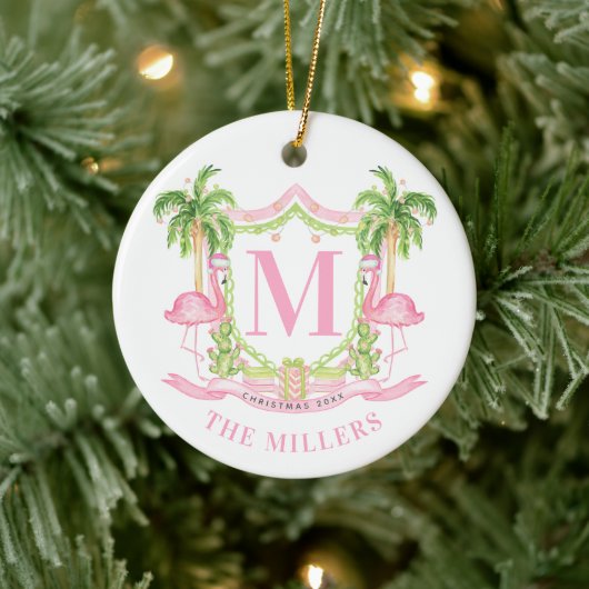 Preppy Flamingo Christmas Crest Keramik Ornament (Baum)