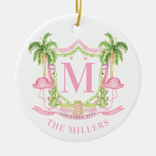 Preppy Flamingo Christmas Crest Keramik Ornament (Vorne)