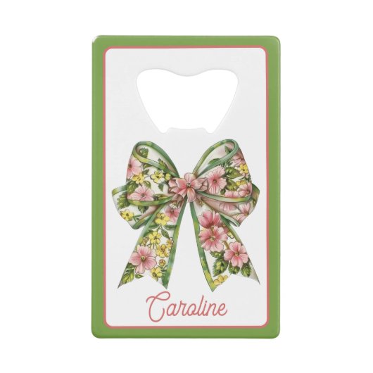 Preppy Floral Pink and Green Bow Personalized Geldbeutel Flaschenöffner (Vorderseite)