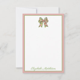 Preppy Floral Pink and Green Bow Personalized Mitteilungskarte