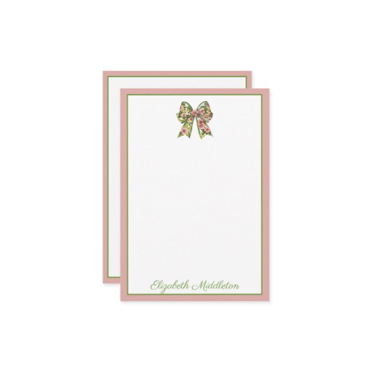 Preppy Floral Pink and Green Bow Personalized Mitteilungskarte (Vorderseite/Rückseite Beispiel)