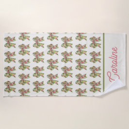 Preppy Floral Pink and Green Bow Personalized Strandtuch