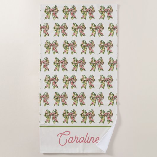 Preppy Floral Pink and Green Bow Personalized Strandtuch (Vorderseite)