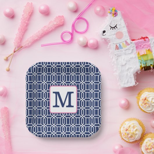 Preppy Geometric Monogram Navy White Pink Pappteller (Party)