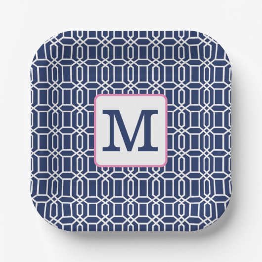 Preppy Geometric Monogram Navy White Pink Pappteller (Vorderseite)