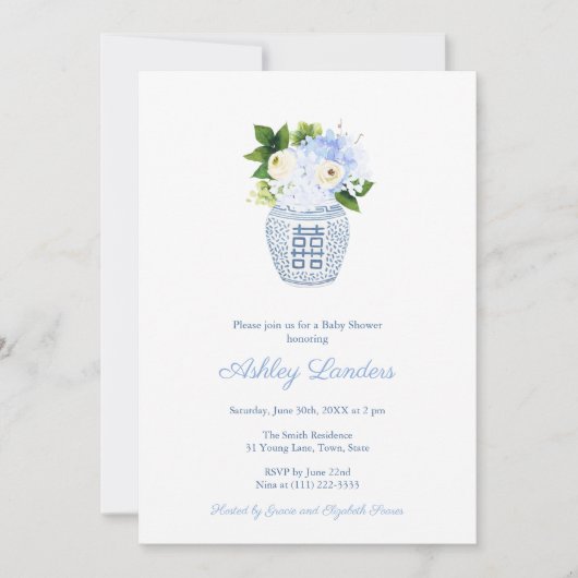 Preppy Ginger Jar Blue Floral Boy Baby Shower Einladung (Vorderseite)