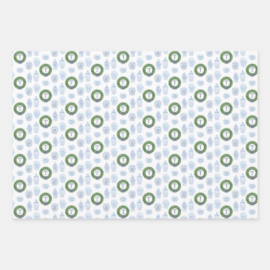 Preppy Ginger Jar Boxwood Wreath Monogram Holidays Geschenkpapier Set (Vorderseite 3)