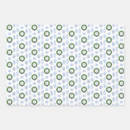 Preppy Ginger Jar Boxwood Wreath Monogram Holidays Geschenkpapier Set (Vorderseite 2)