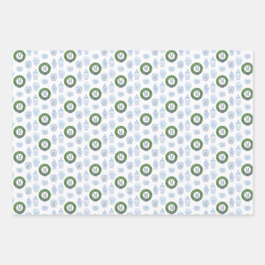 Preppy Ginger Jar Boxwood Wreath Monogram Holidays Geschenkpapier Set (Vorderseite)