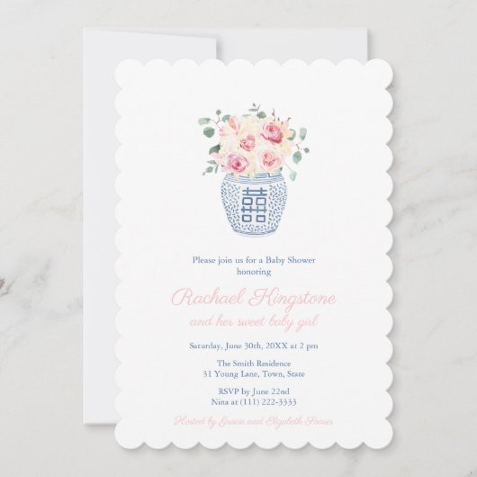 Preppy Ginger Jar Pink Florals Girl Baby Dusche Einladung (Vorderseite)
