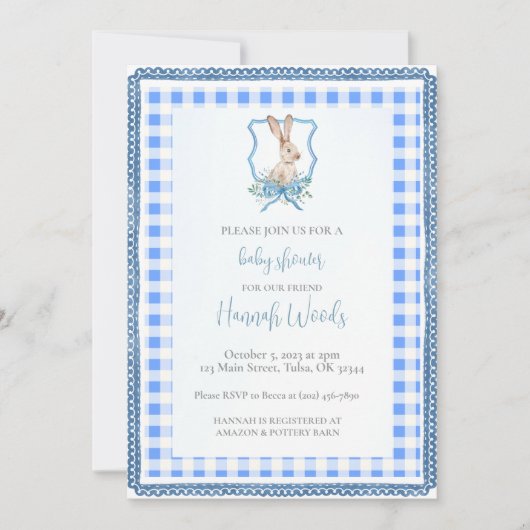 Preppy Gingham Bunny Baby Shower Einladung (Vorderseite)