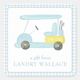 Preppy Gingham Watercolor Blue Monogram Golf Cart Quadratischer Aufkleber