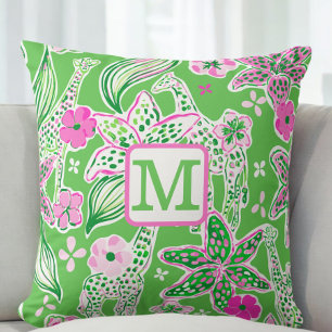 Preppy Giraffen Lily Pink Green Monogram Kissen