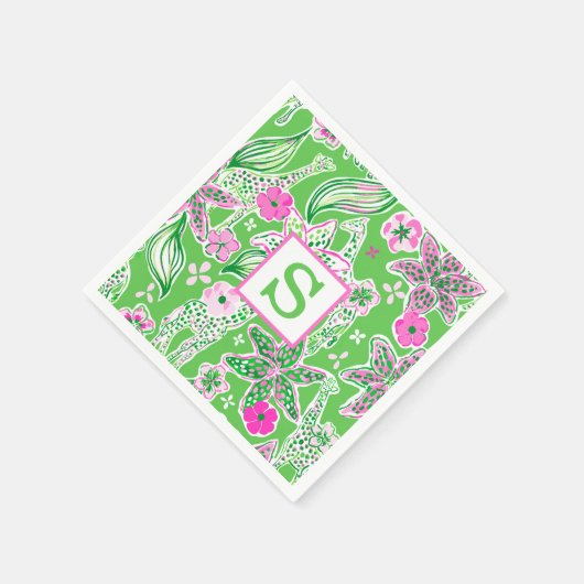 Preppy Giraffen Lily Pink Green Monogram Serviette (Ecke)