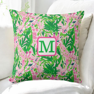 Preppy-Giraffen Rosa Grün Tropisch Monogramm Kissen