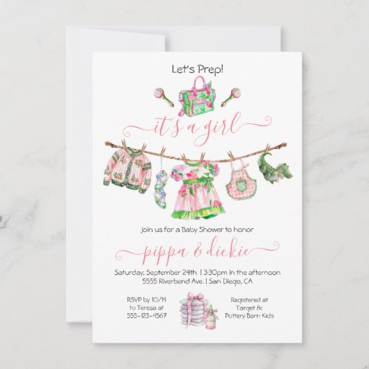 Preppy Girl Wäscheleine Babydusche Einladung (Vorderseite)