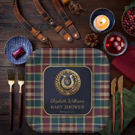 Preppy Gold Horseshoe Monogram Blue Baby Shower Pappteller