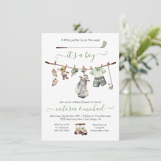 Preppy Golf Boy Baby Dusche Einladung (Stehend Vorderseite)